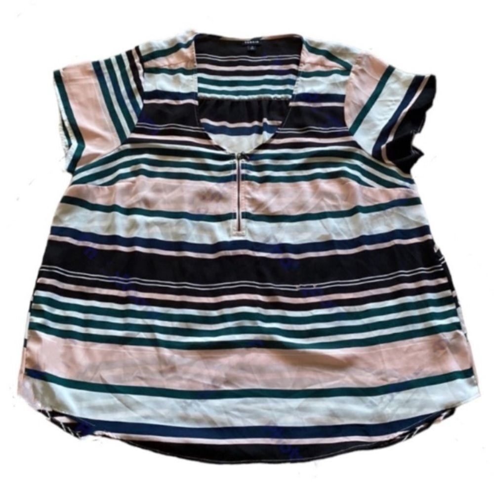 Torrid Plus Size 2X Multicolor Pink Striped Short Sleeve Summer Workwear Blouse